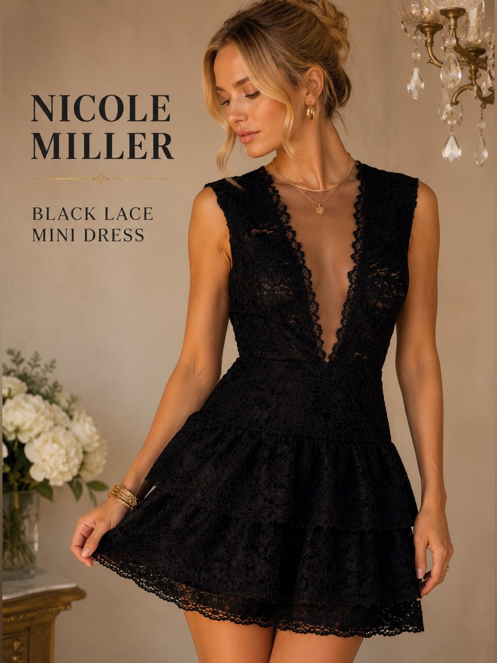 Nicole Miller Black Lace Tiered Ruffle Mini Dress Size 6 Plunge Party Cocktail